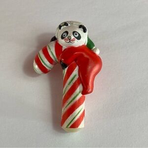 Panda on Candy Cane brooch. Signed S. Lehman. Enameled Resin. 1960s